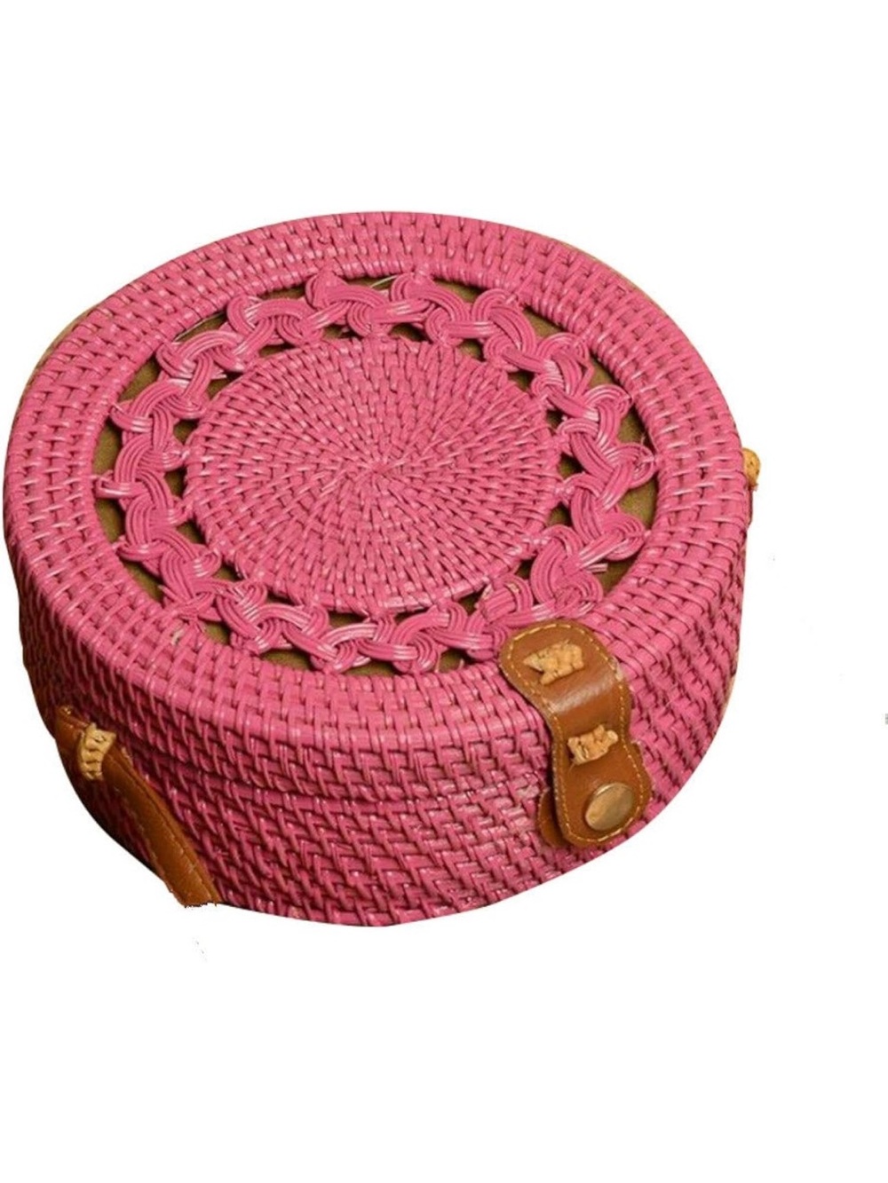 Handwoven Round Straw Shoulder Bag - Rose